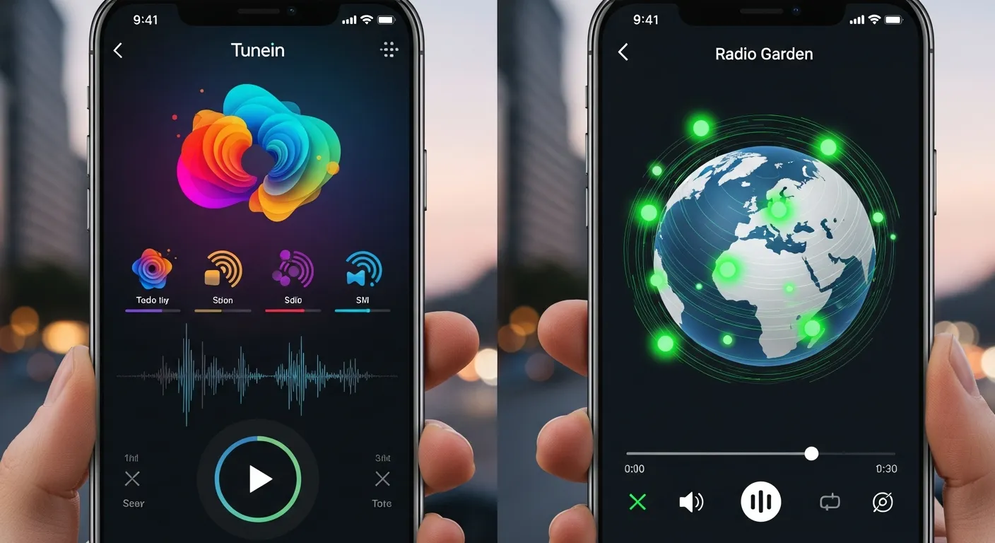 Internet radio features like audio quality, smart search, and device compatibility shown in apps.