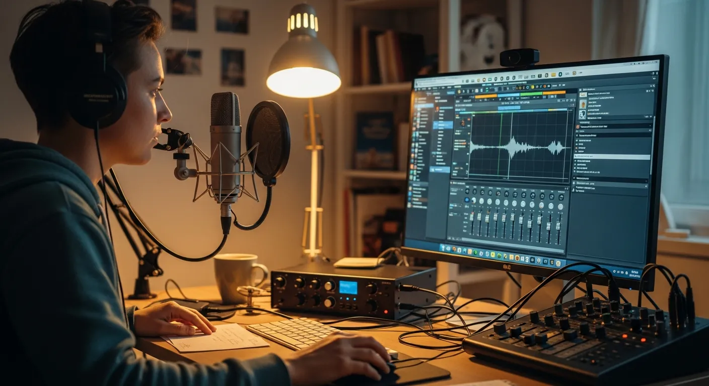 Setting up a personal internet radio station using microphone, computer, and streaming tools.