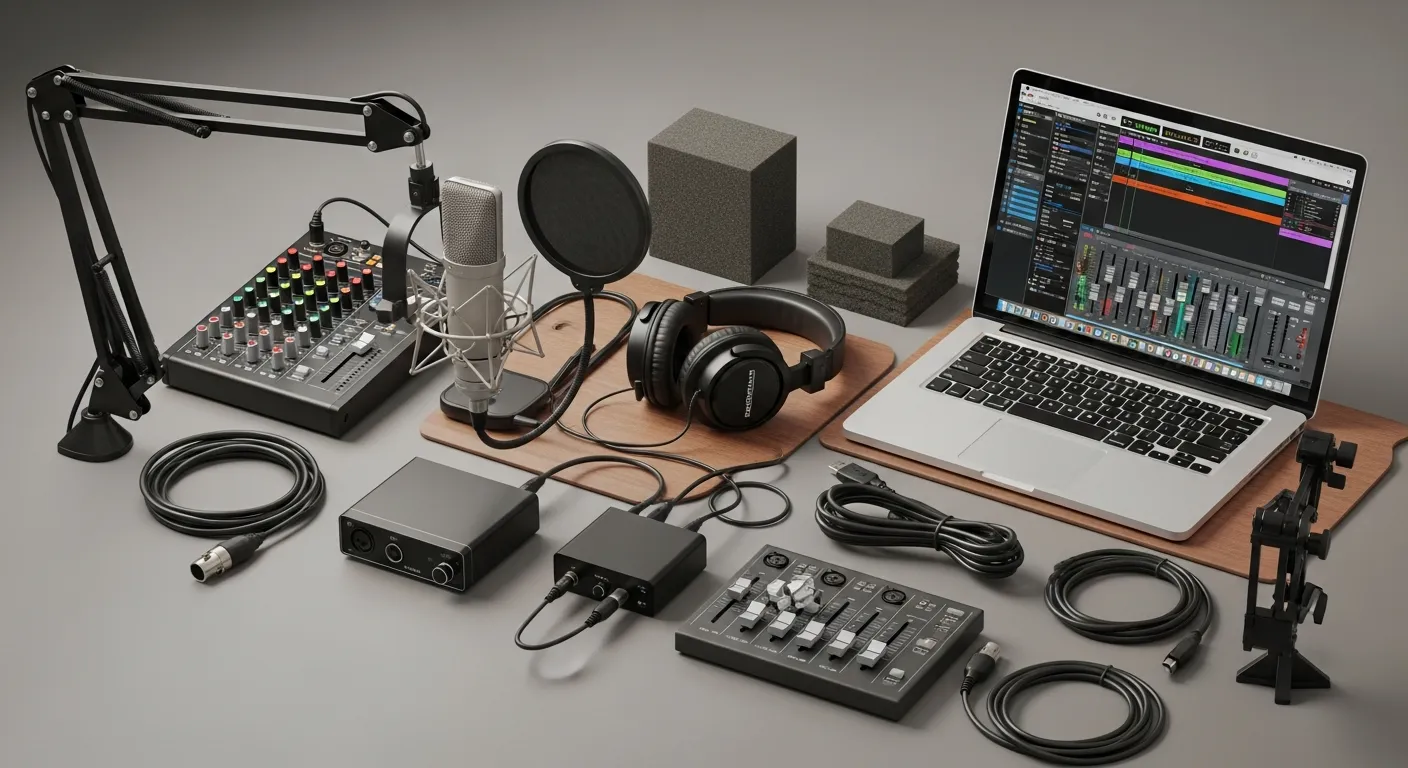 Home studio setup with microphone, mixer, headphones, and broadcasting software for internet radio