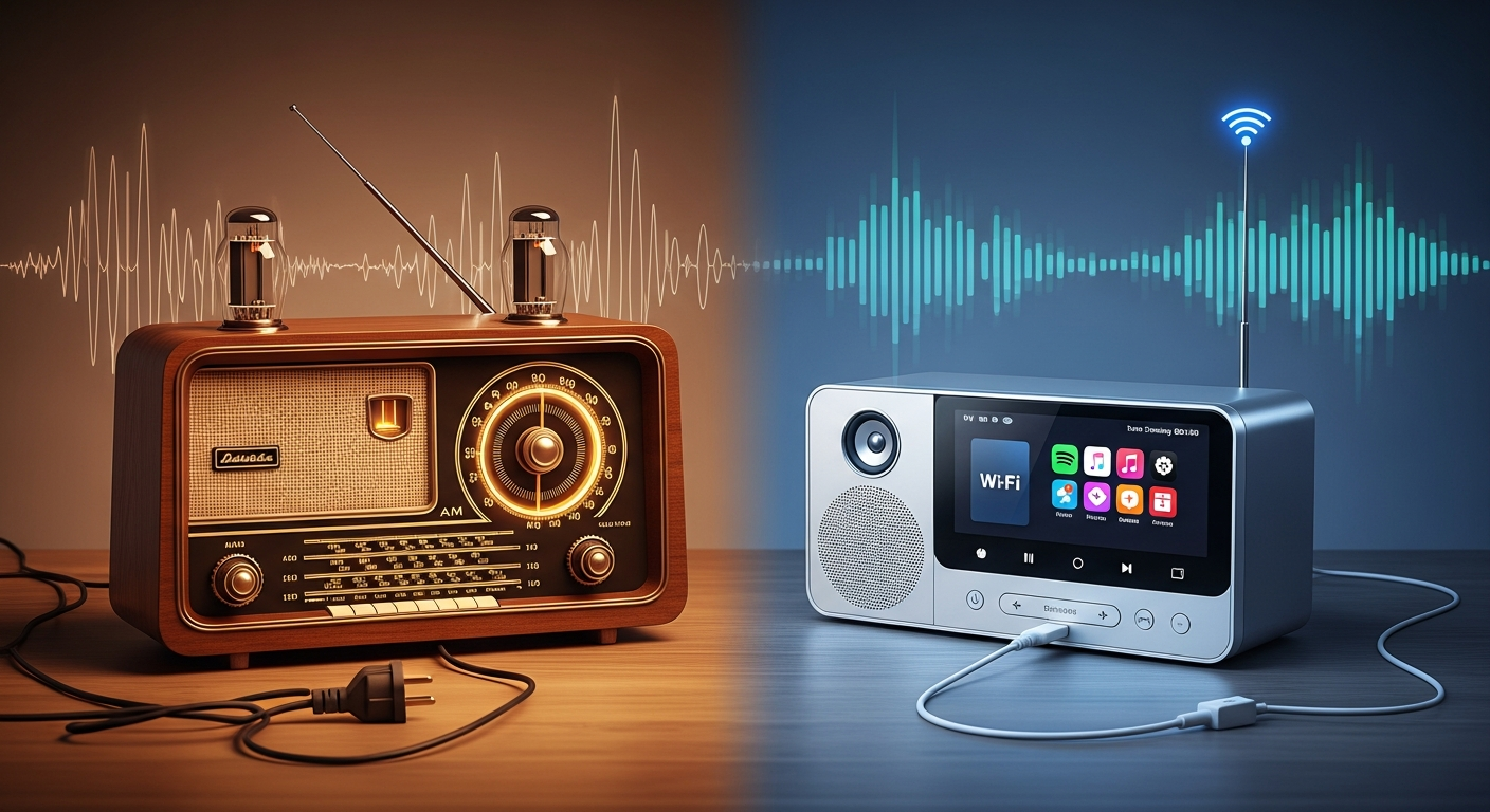 Vintage and modern radios side by side showing the transition from analog AM/FM broadcasting to digital internet streaming technology.