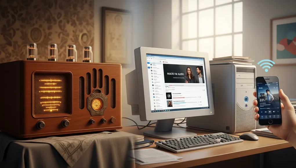 Illustration of the evolution of audio technology, showing a vintage radio, a computer streaming web audio, and a smartphone using Wi-Fi, representing the progression from traditional broadcasting to modern digital listening.