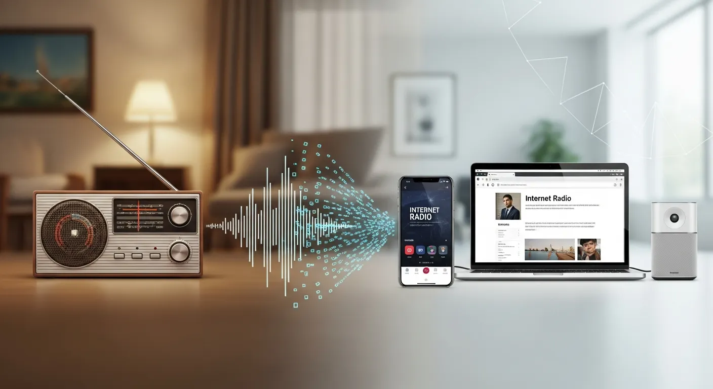 Illustration showing transition from traditional FM radio to modern internet radio streaming on smartphones, laptops, and smart speakers