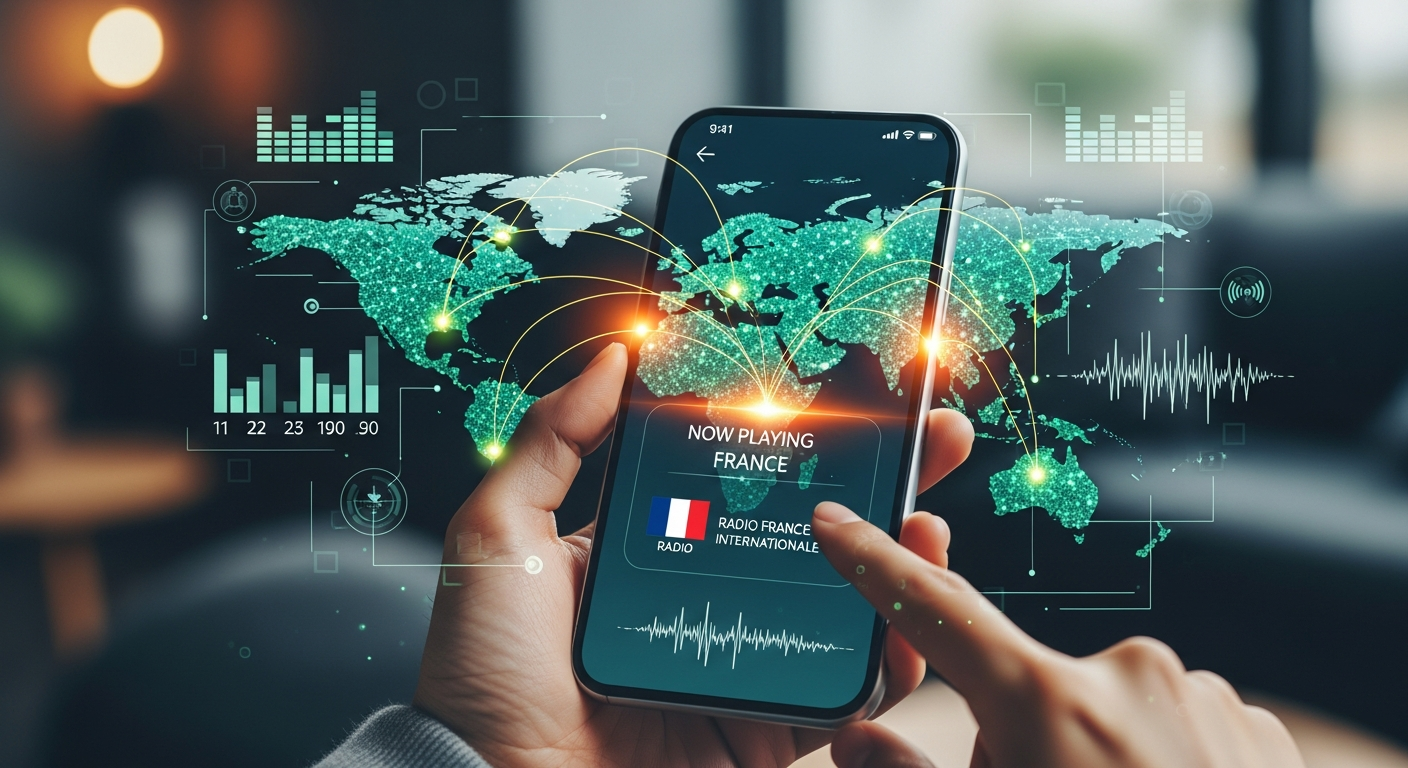 Person using radio tuner app on smartphone while listening to global radio stations from different countries on a digital map interface.