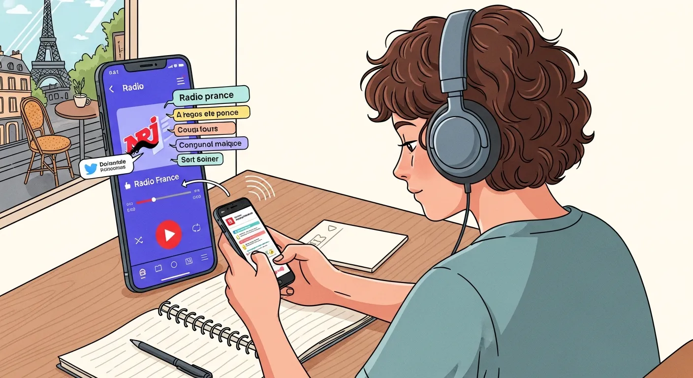 A learner using headphones and a mobile app to stream French internet radio for language practice.