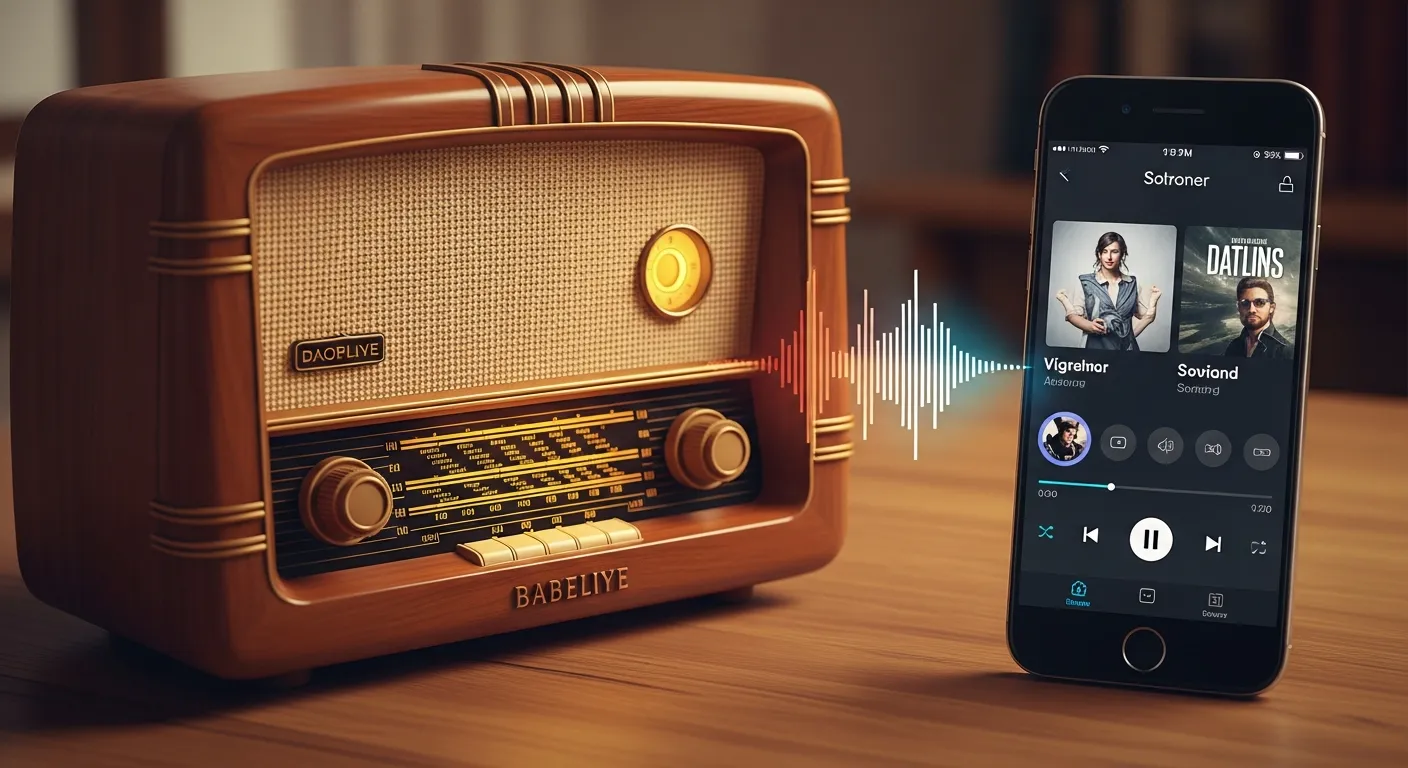 Vintage radio beside a modern smartphone streaming music, showing the evolution from analog broadcasting to digital audio platforms.