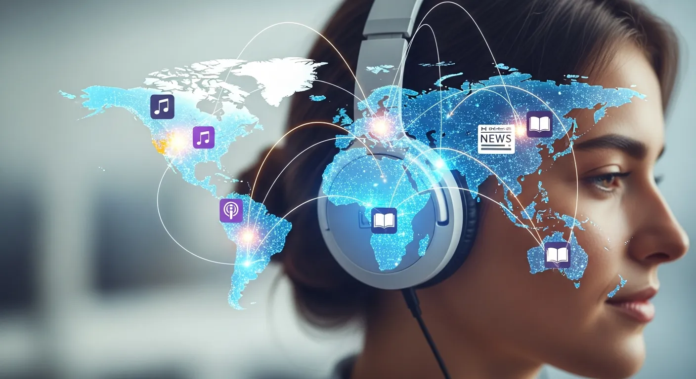 Person using headphones with a world map overlay representing global access to online radio streaming and diverse audio content.
