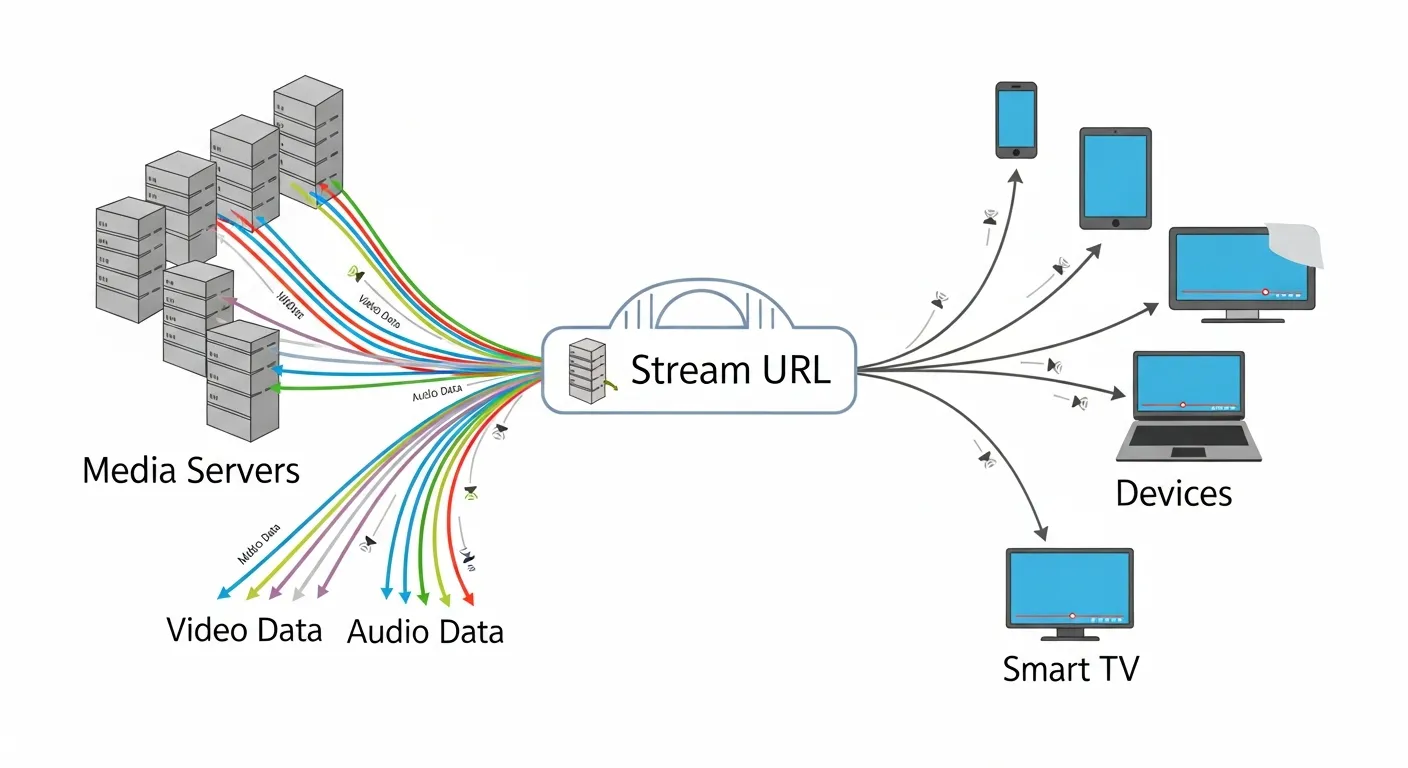 Diagram showing how a stream URL link connects media servers to devices, delivering video and audio data in real-time through streaming technology.