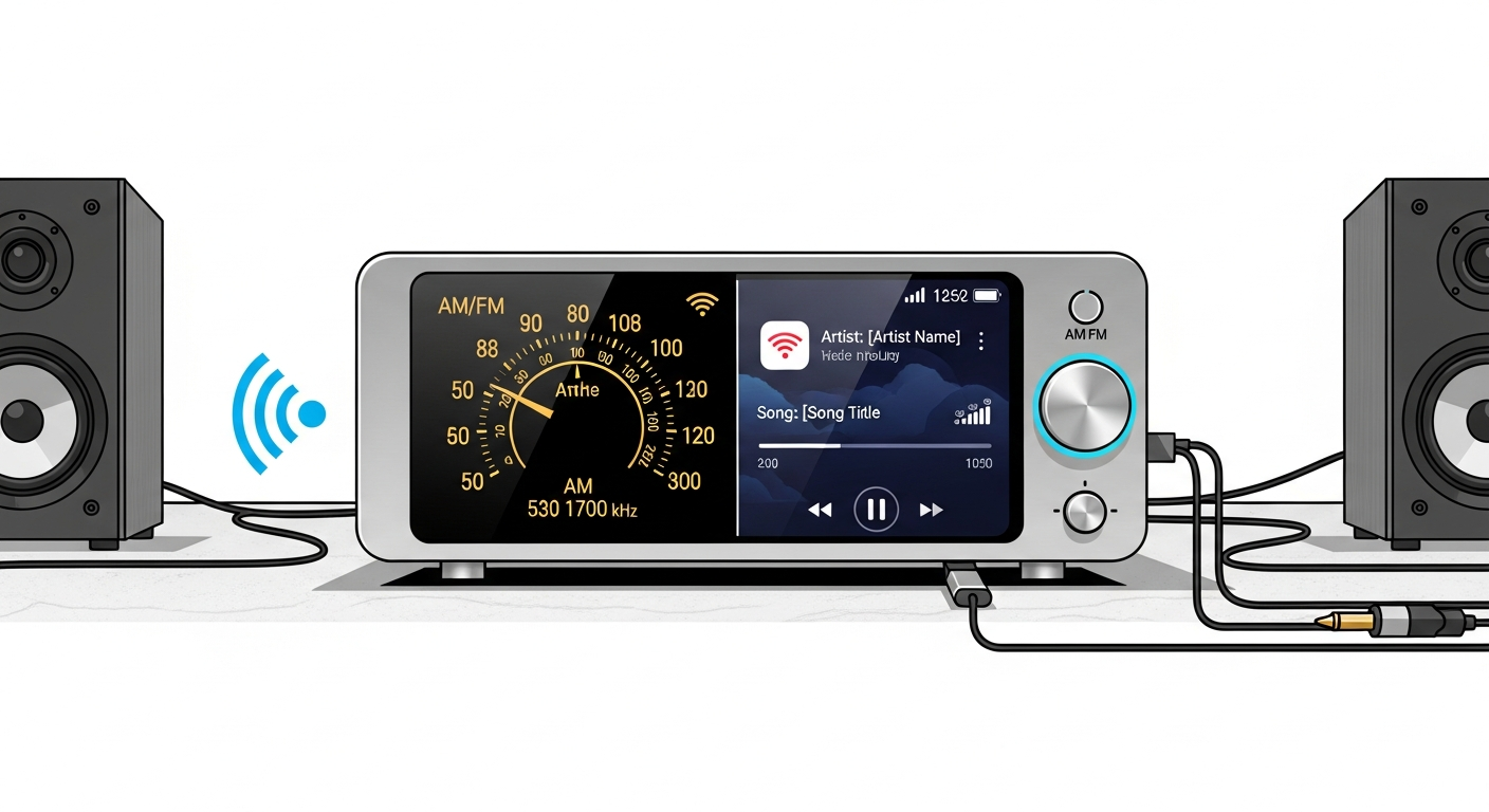 Modern AM/FM radio tuner connected to Wi-Fi and speakers, displaying both traditional frequency dial and digital streaming interface.