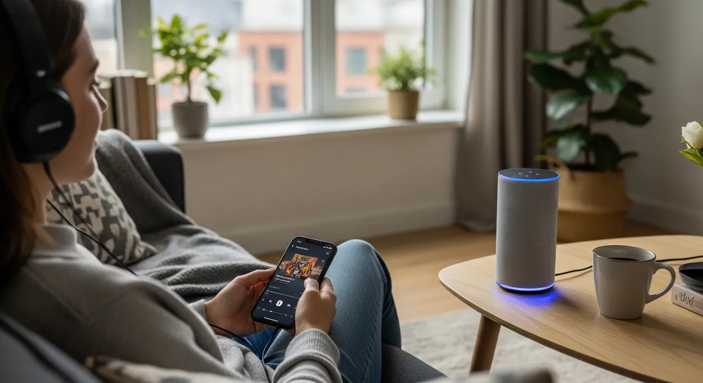 Person listening to internet radio using smart speaker, headphones, and mobile phone in a modern home setup with streaming apps