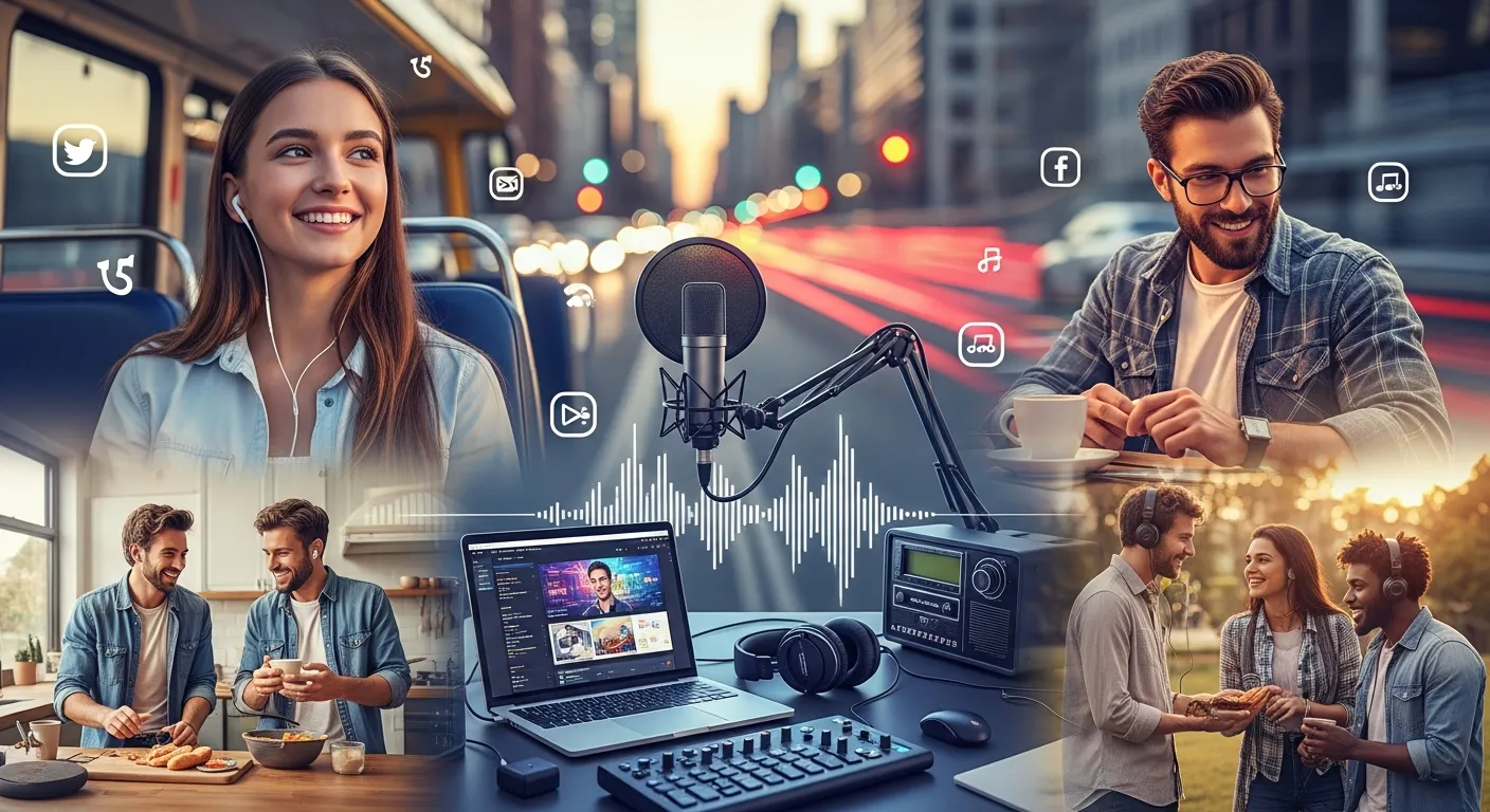 Digital marketing dashboard showing social media growth, audience analytics, and online radio promotion strategies