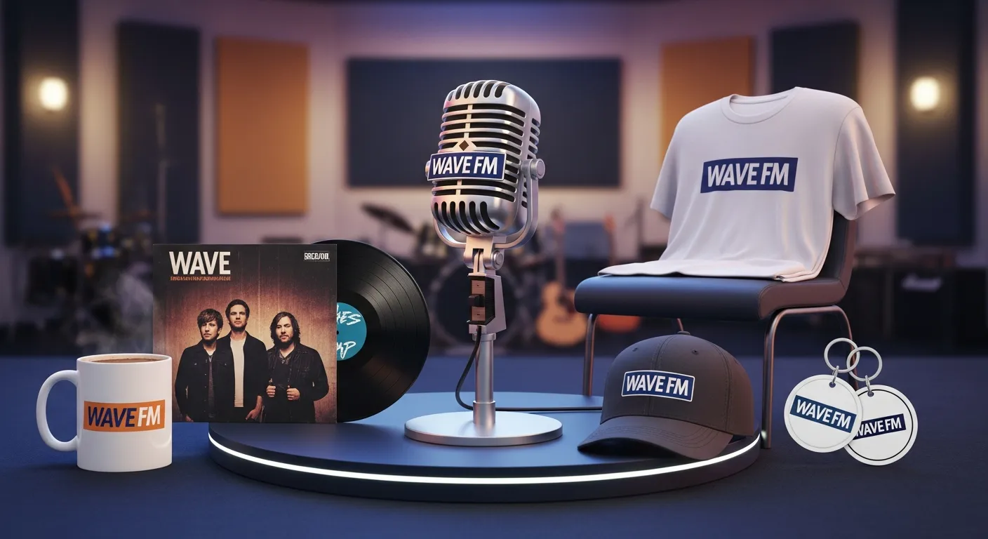 Branded radio station merchandise including t-shirts, mugs, and hats displayed for sale