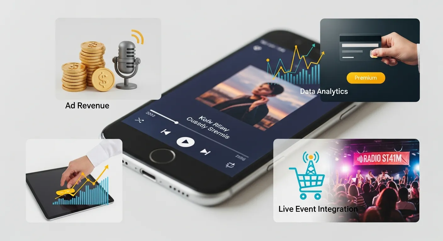 Online radio revenue streams visualization including ads, subscriptions, merchandise, and donations dashboard