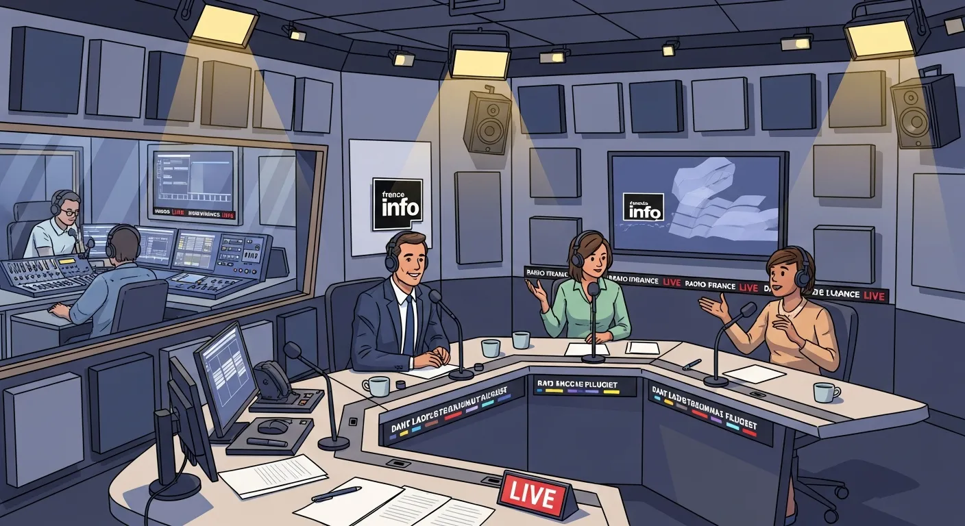 French radio news studio showing live broadcast of news and cultural discussion programs.