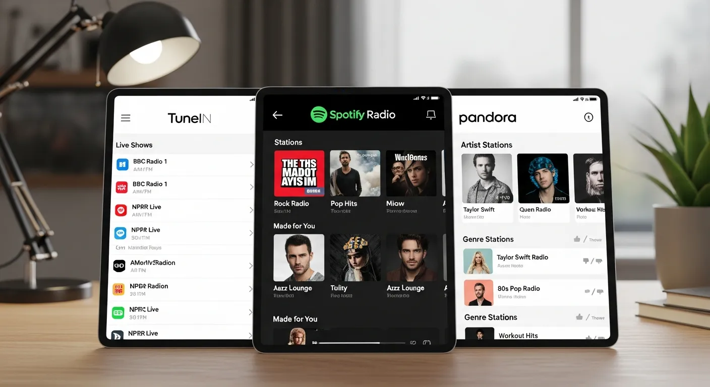 Visual comparison of internet radio platforms like TuneIn, Spotify Radio, and Pandora highlighting genres, live shows, and personalization features