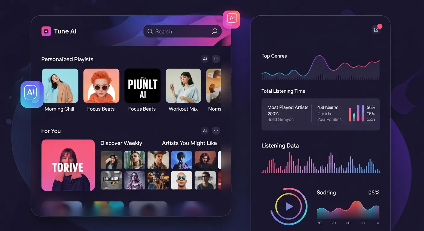 Music streaming app interface displaying personalized playlists, recommendations, and user listening data powered by artificial intelligence.