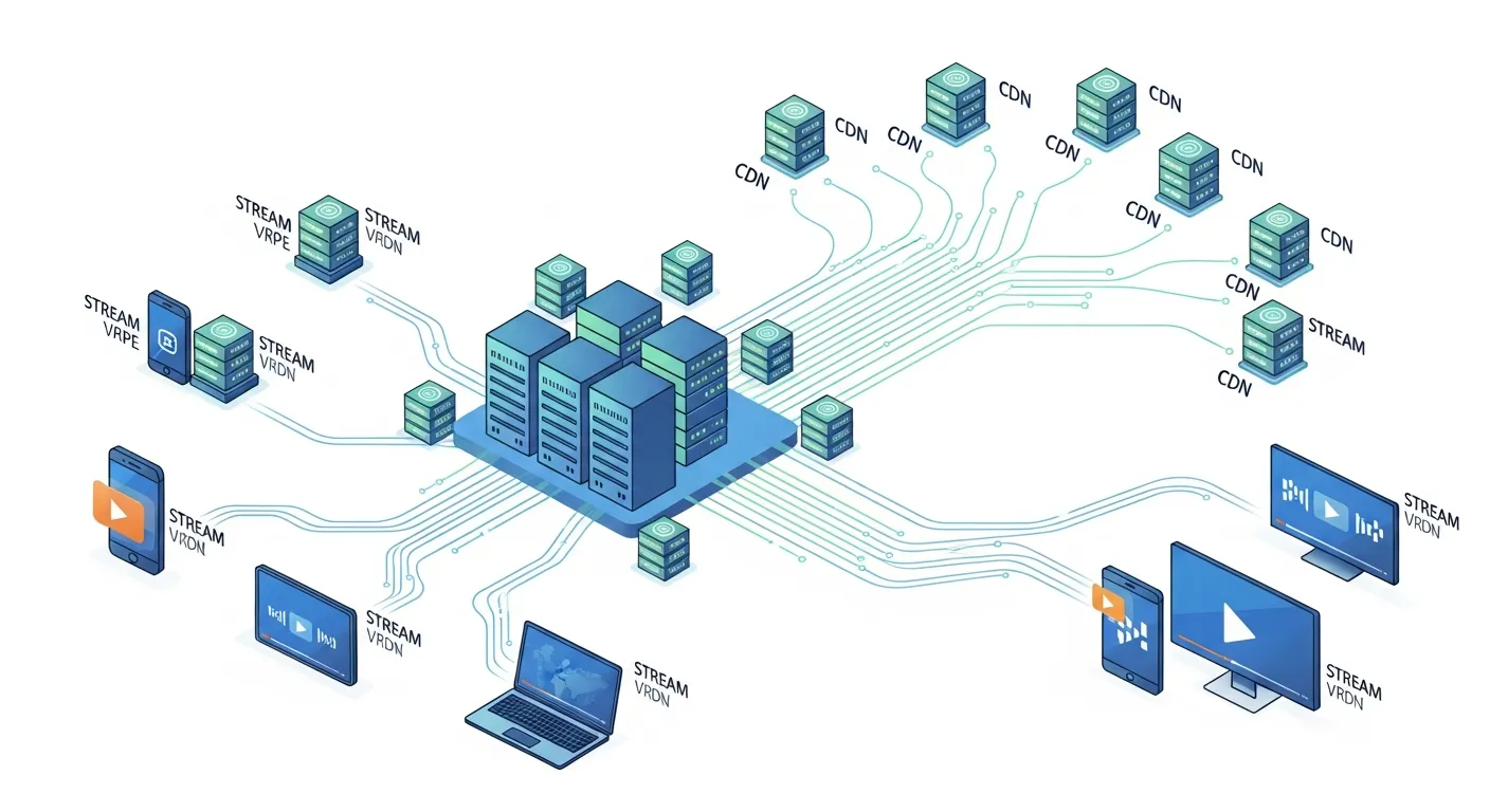 Visual representation of streaming technology including servers, CDNs, and devices connected through stream URL links for fast and reliable media delivery.