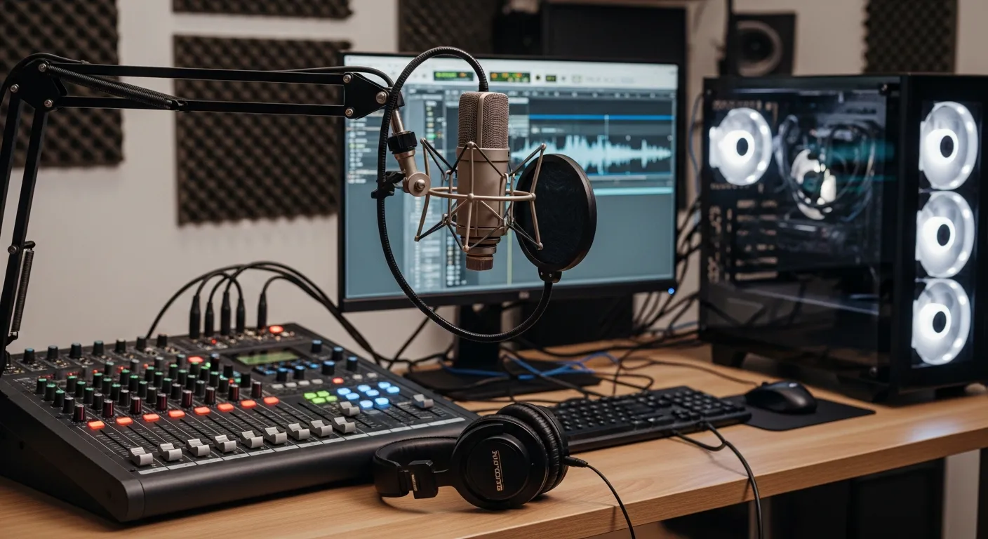 Home radio studio setup with microphone, headphones, mixer, and broadcasting software