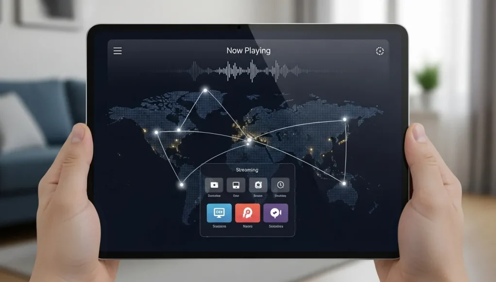 Modern internet radio platforms interface showing global stations and streaming options