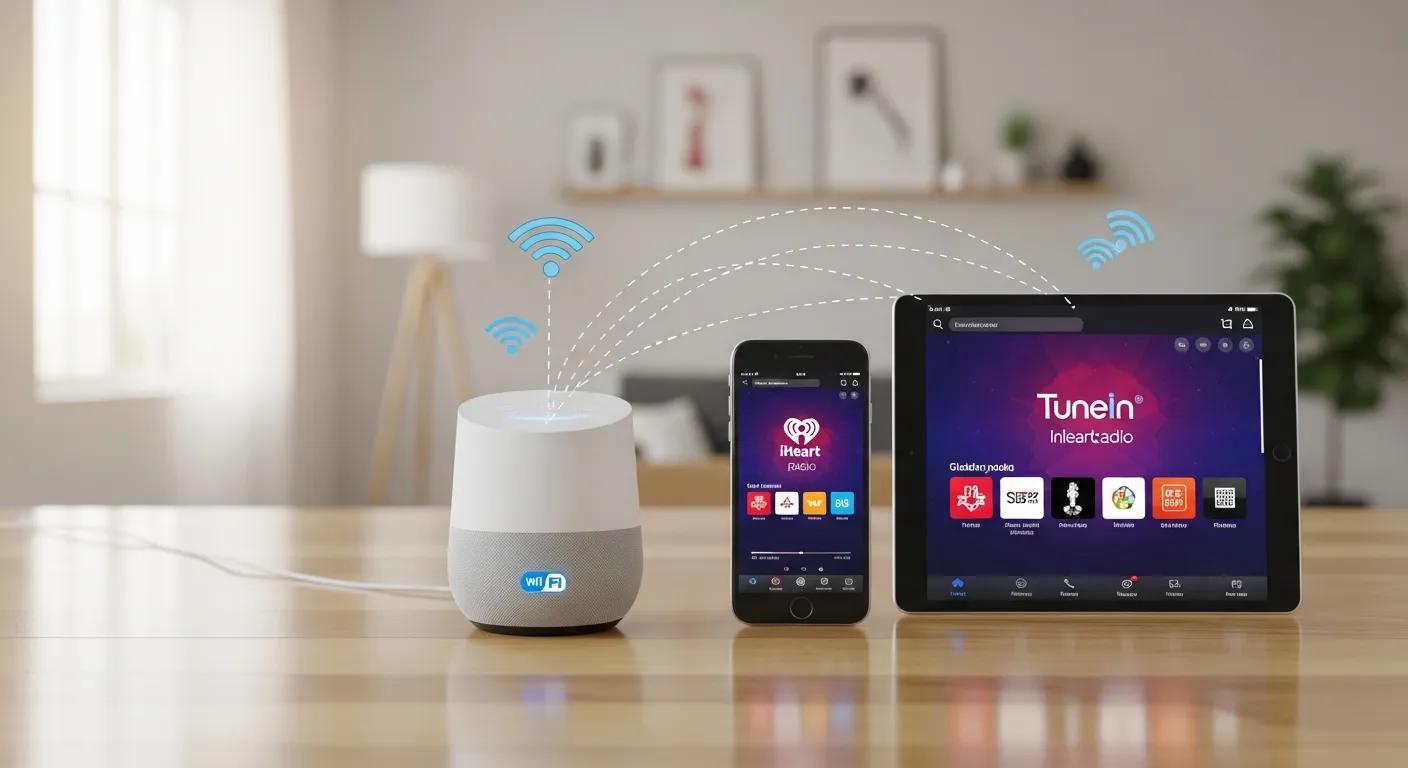 Smart speaker and mobile devices streaming global internet radio via Wi-Fi in modern connected home
