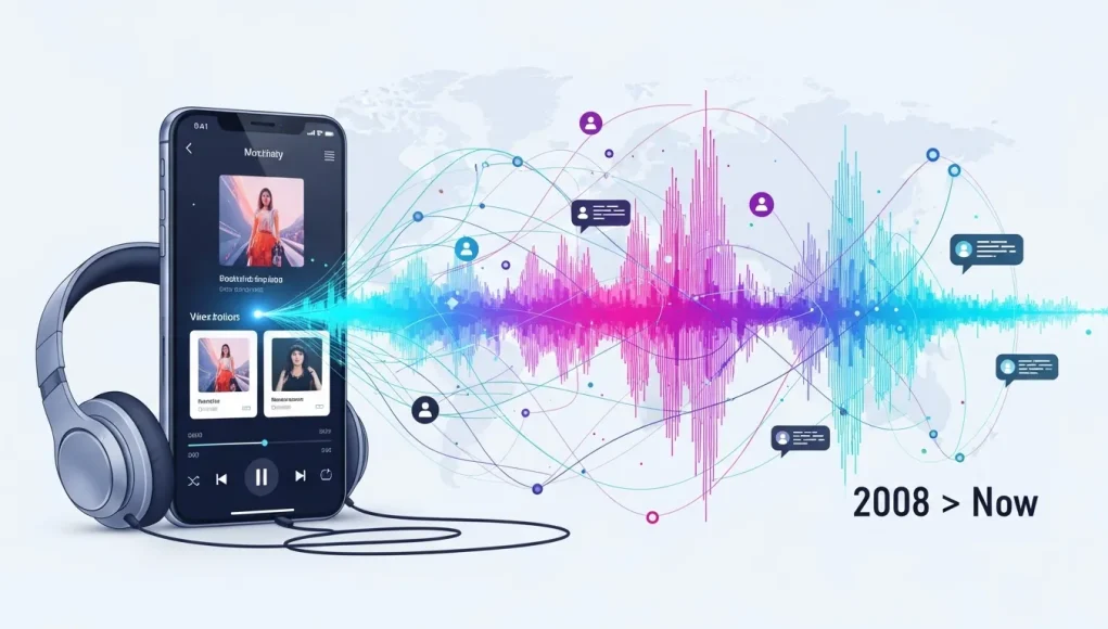 Modern digital radio streaming concept showing smartphone, headphones, and sound waves symbolizing global connectivity, personalized listening, and the radio streaming since 2008
