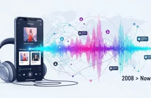 The Evolution of Radio Streaming Since 2008 Modern digital radio streaming concept showing smartphone, headphones, and sound waves symbolizing global connectivity, personalized listening, and the radio streaming since 2008