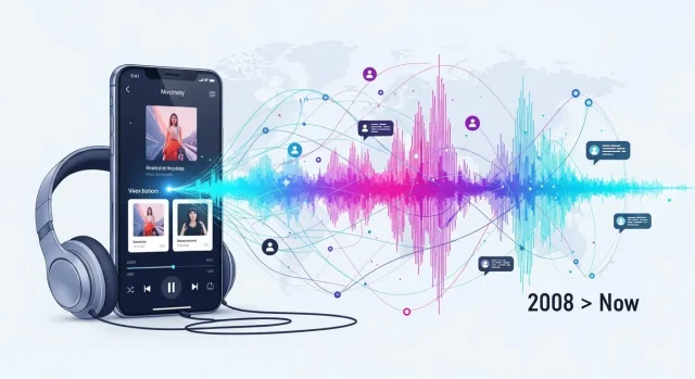 The Evolution of Radio Streaming Since 2008 Modern digital radio streaming concept showing smartphone, headphones, and sound waves symbolizing global connectivity, personalized listening, and the radio streaming since 2008