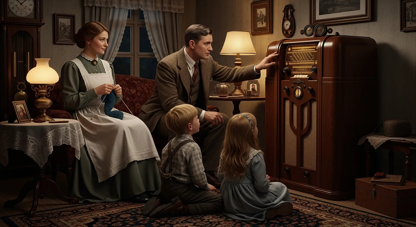 Vintage radio broadcasting scene with families listening to AM/FM radio during early 20th century