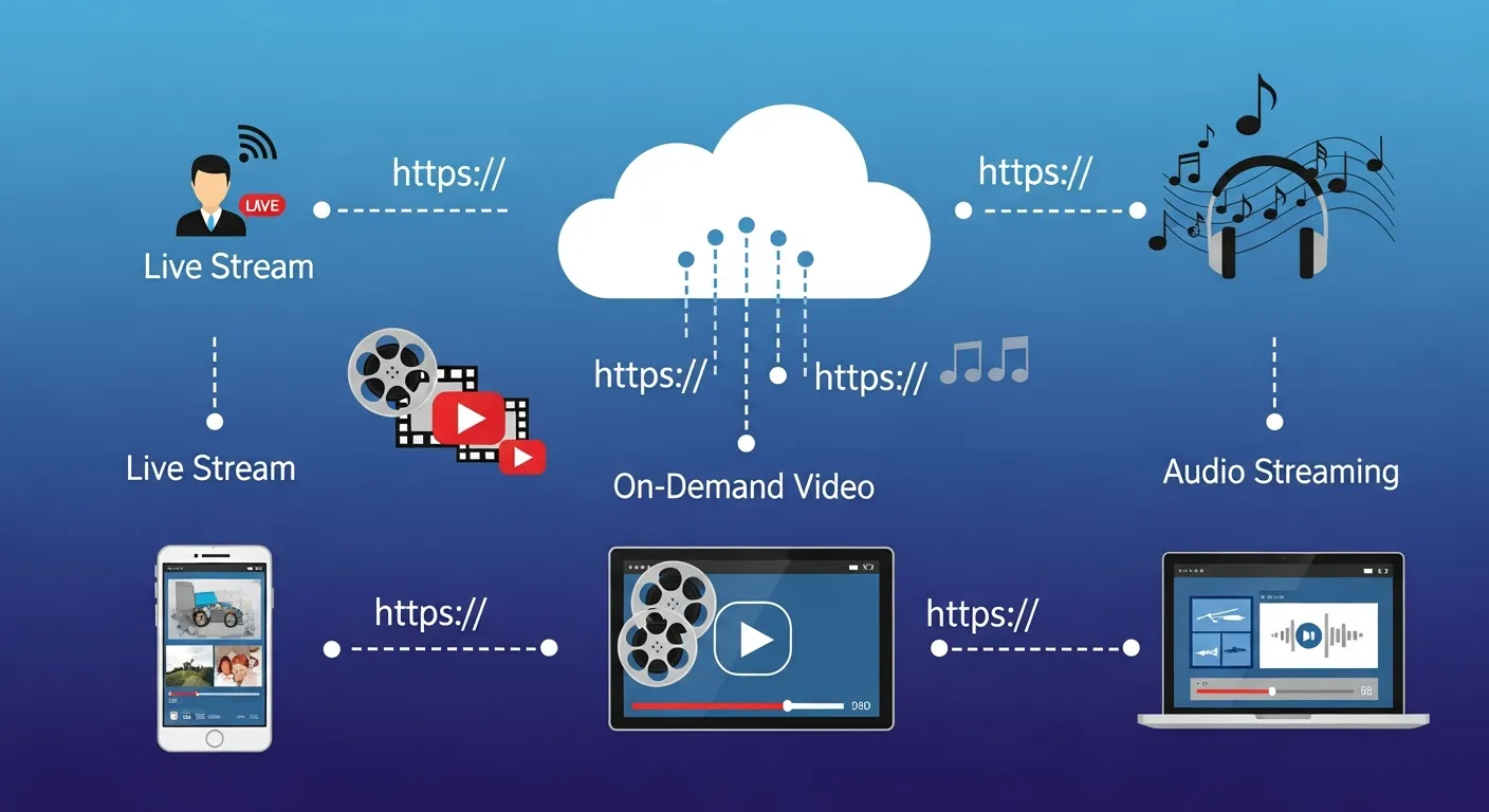 Illustration of different streaming types including live streams, on-demand videos, and audio streaming formats accessed via stream URL links.