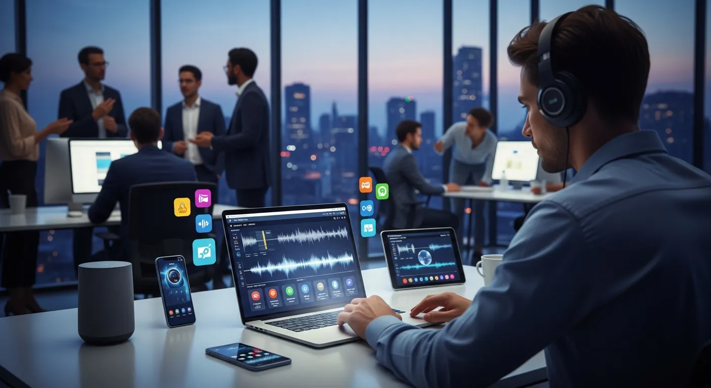 Global online radio streaming concept showing listeners connected via mobile, desktop, and smart speakers