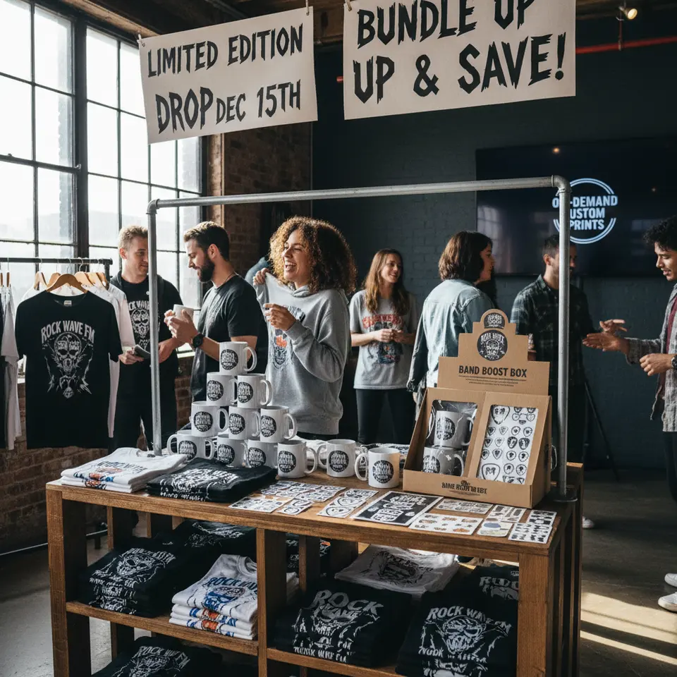 Branded Merchandise Display: a mock-up storefront scene showing a radio station’s branded T-shirts, hoodies, mugs, and stickers on shelves and hanging racks, with limited-edition drop banners, bundle packaging, and print-on-demand service logos