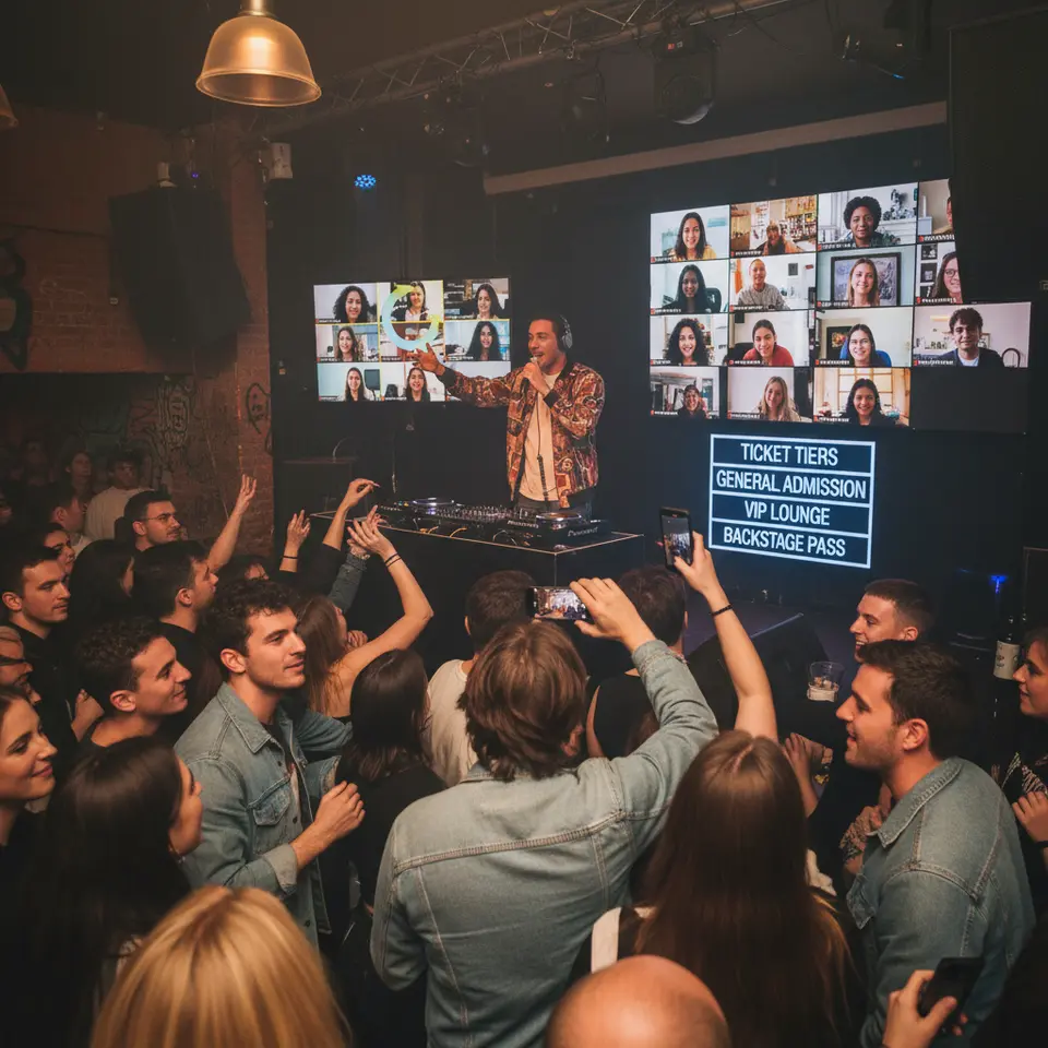 Hybrid Live Radio Show Event: an energetic concert stage with a DJ or host, live audience in a small venue, side screens displaying virtual attendees on video calls, and ticket tier signage (General, VIP, Backstage) to illustrate in-person and online engagement