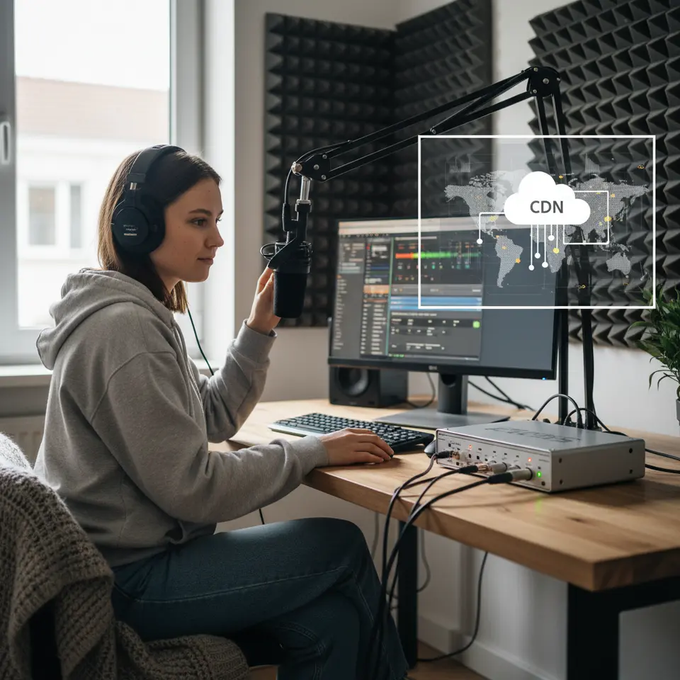 Technical Setup – A detailed cutaway illustration of a home online radio studio: USB condenser microphone on a boom arm, audio interface with XLR cables, closed-back studio headphones, acoustic foam panels on walls, a computer screen running broadcasting software, and a cloud-based server icon linked to a global CDN network map.