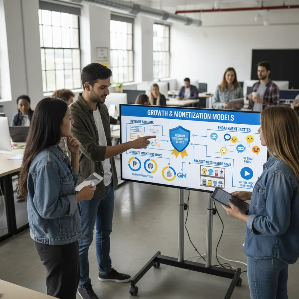 Growth & Monetization Models – An infographic showing multiple revenue streams and engagement tactics: sponsored ad banners, a premium subscription badge with ‘ad-free’ label, affiliate marketing links, crowdfunding tiers (Patreon/Buy Me A Coffee icons), branded merchandise stalls, plus social media chat bubbles, live chat polls, and virtual event livestream symbols.