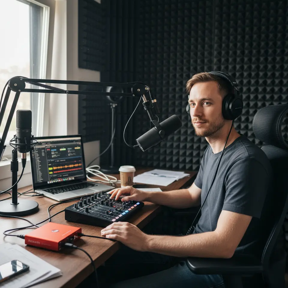 A modern home radio streaming studio: a podcaster sits in an acoustically treated room surrounded by a USB condenser microphone (e.g., Audio-Technica AT2020USB+), a dynamic XLR mic (e.g., Shure SM7B) connected to a Focusrite Scarlett audio interface, a digital mixer with faders, closed-back studio headphones, and a laptop displaying streaming software dashboards (OBS Studio or Mixxx) on screen, with foam panels on the walls for soundproofing.