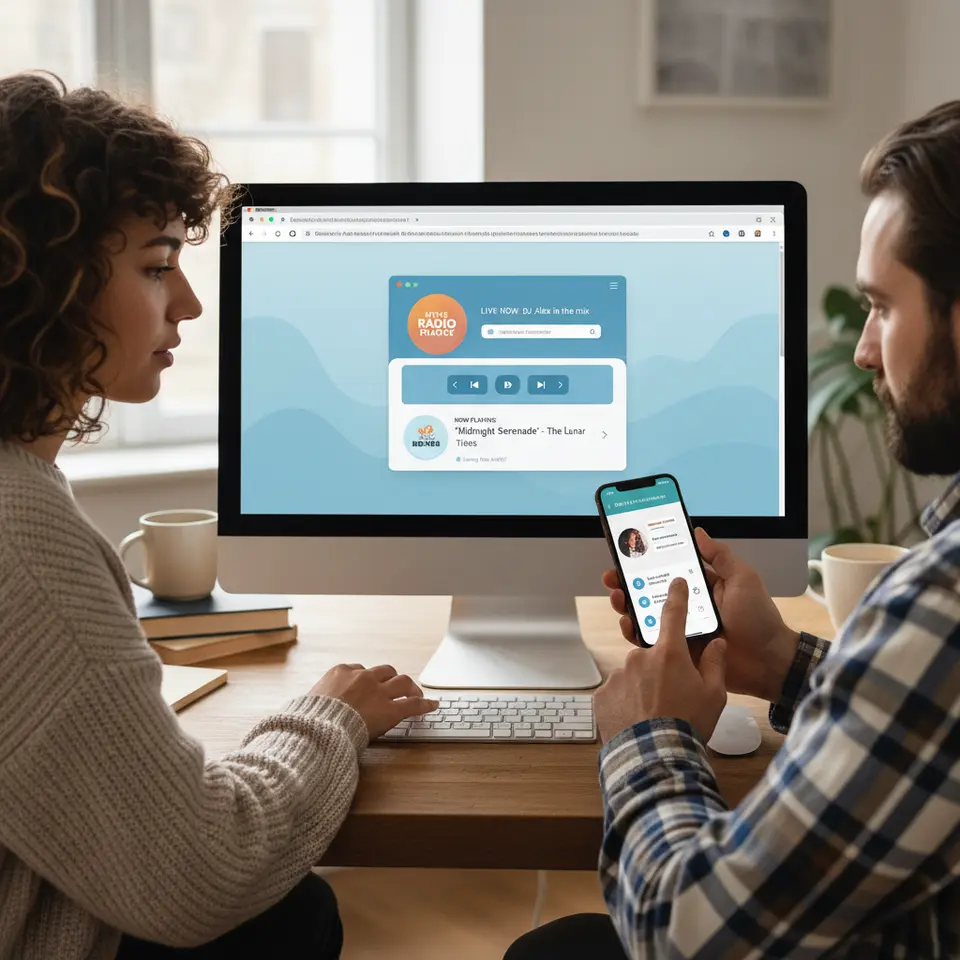 Multi-platform listener interface for an online radio station: a desktop web browser showing an embedded HTML5 player with play/pause buttons and track metadata, alongside a smartphone screen displaying the companion radio app with live chat bubbles, push notification alerts, and social media share icons, all set against a clean, branded color scheme.