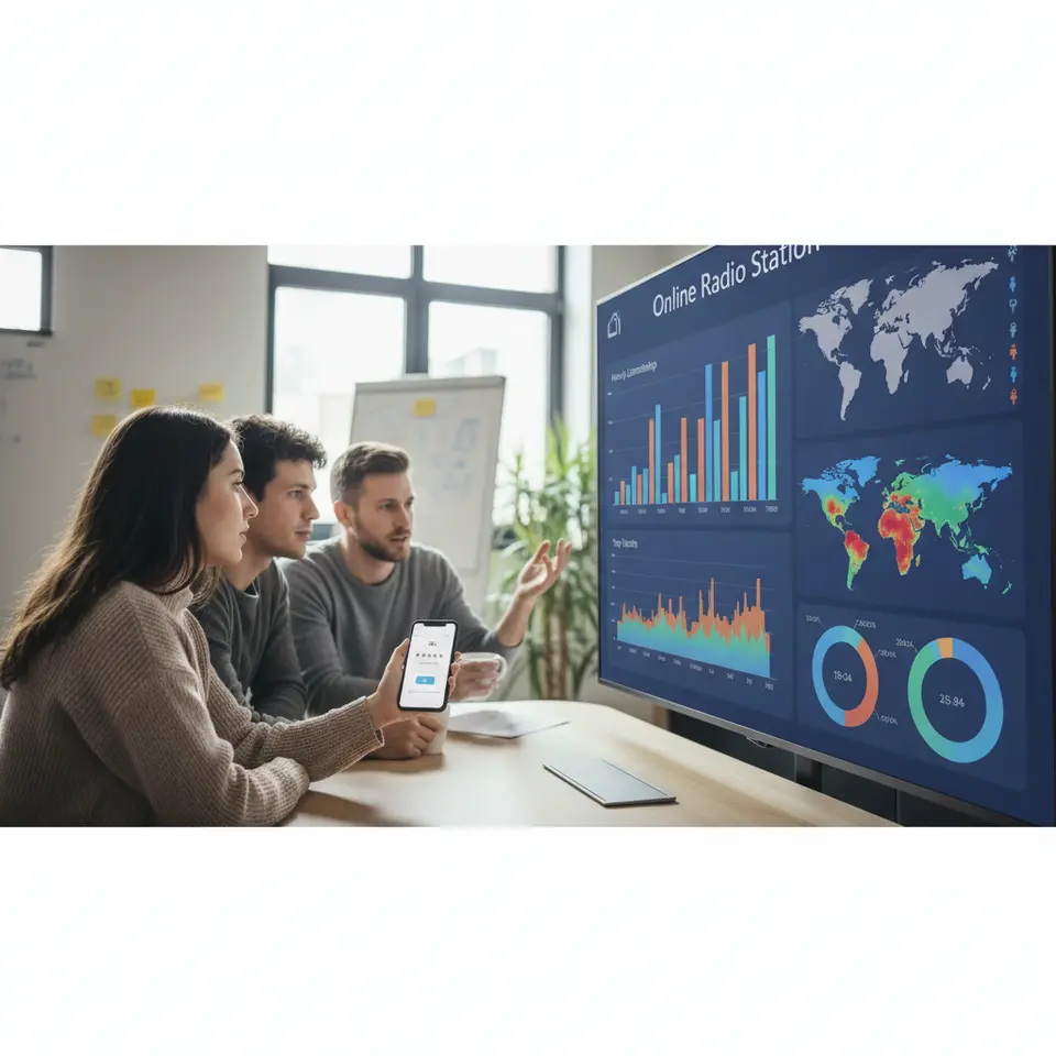 A dynamic digital analytics dashboard for an online radio station: include colorful bar graphs, pie charts, and heatmaps overlaid on a world map showing listener locations; demographic icons for age and gender; a smartphone screen displaying a survey popup and streaming session duration metrics