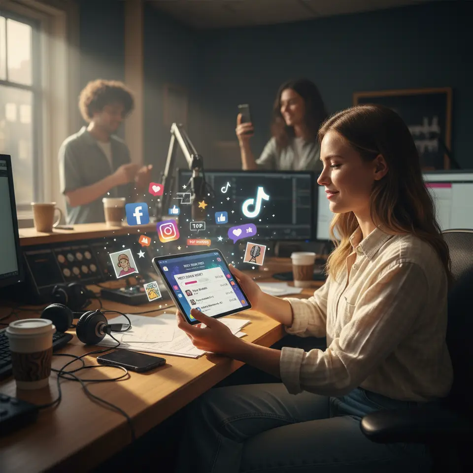 A vibrant social media engagement scene for a radio station: feature a host on a smartphone or tablet interacting with live polls, Q&A stickers, and song request widgets; floating icons for Facebook, Instagram, TikTok, chat bubbles, digital badges, and user-generated artwork to illustrate community interaction