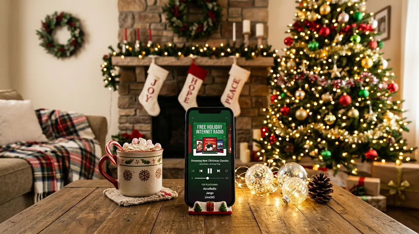 Laptop screen displaying Spotify, Pandora, and internet radio apps streaming festive Christmas music playlists.