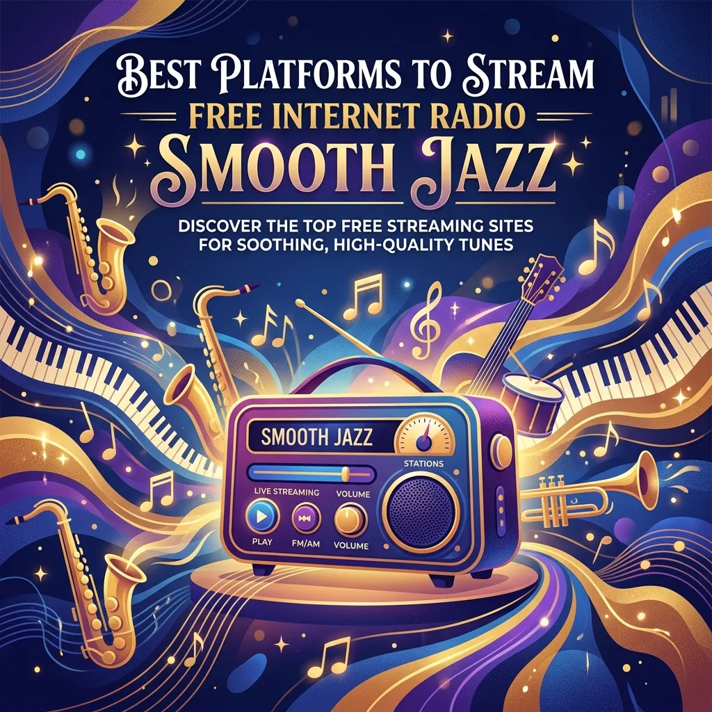 App interface showing internet radio stations with smooth jazz playlists and global music streams