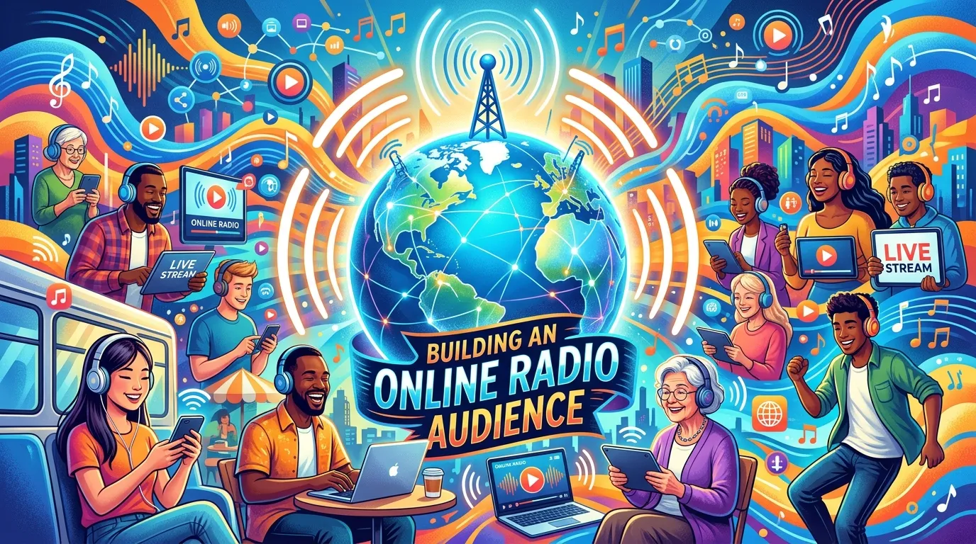 Global map connected with headphones and sound waves representing worldwide listeners tuning into an internet radio station