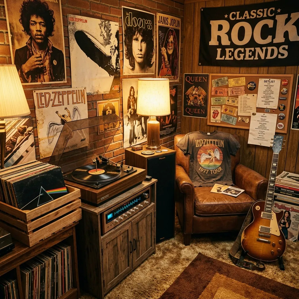 Vintage vinyl records, electric guitar, and classic rock posters representing legendary rock music from the 1970s and 1980s.