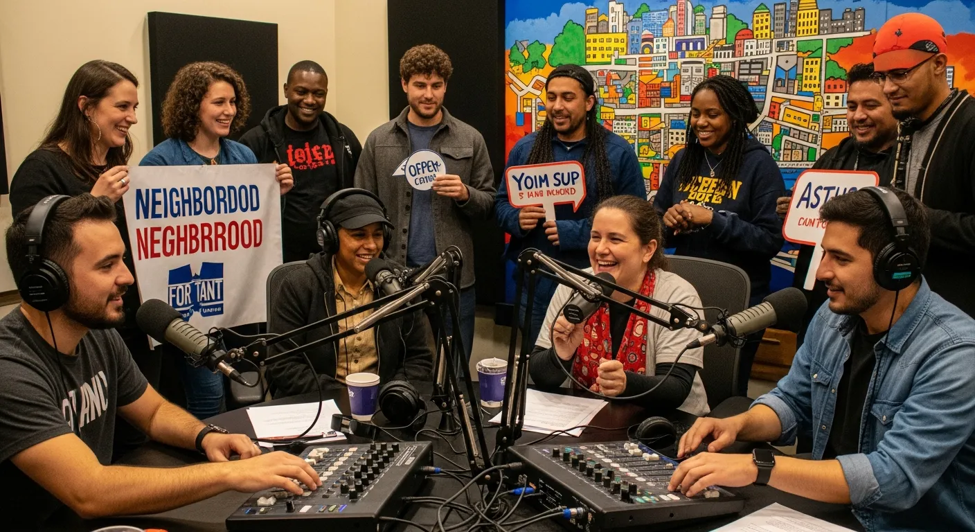 Listeners interacting with online radio hosts through chat, social media, and live call-in sessions during a broadcast