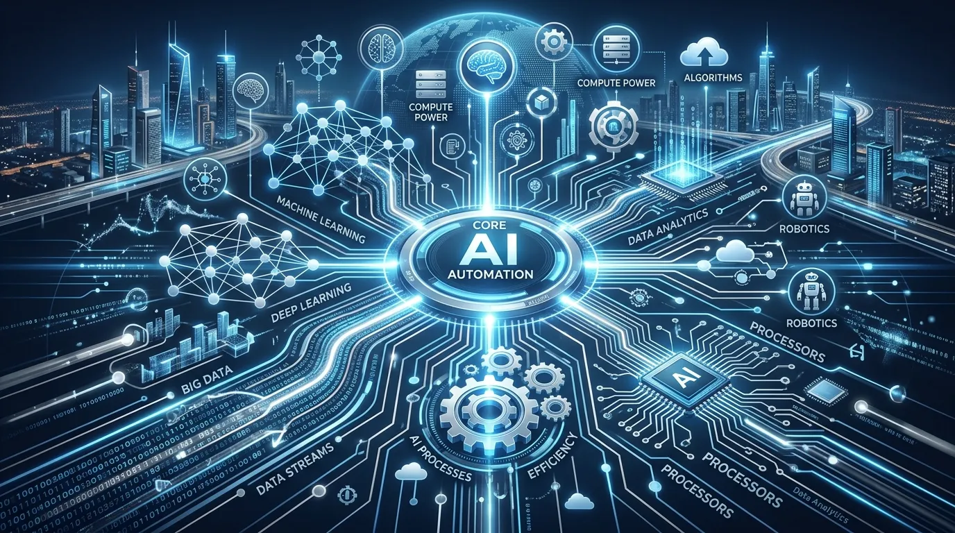 Digital illustration showing machine learning, robotic process automation, and AI data processing connected through futuristic technology interfaces.