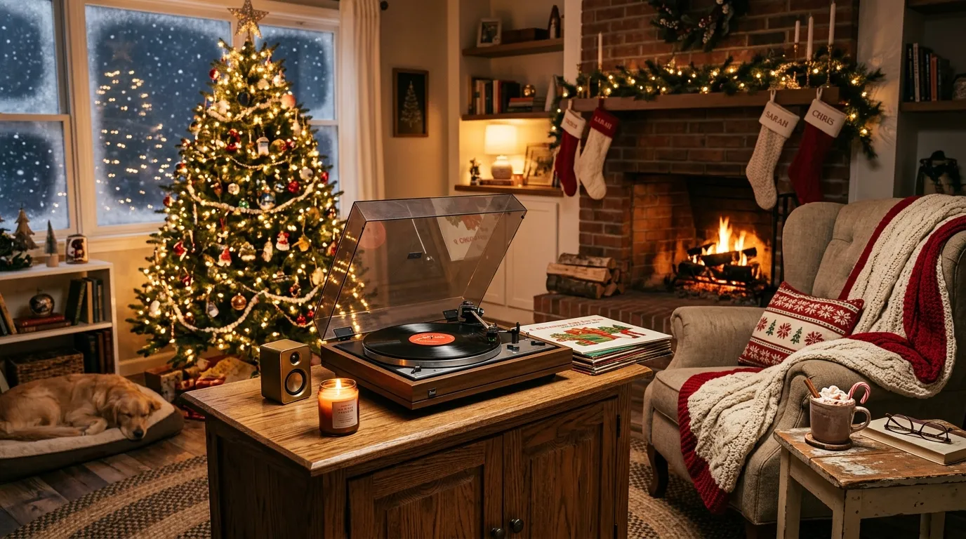 Cozy living room decorated for Christmas with a smart speaker playing festive holiday songs beside a glowing fireplace.