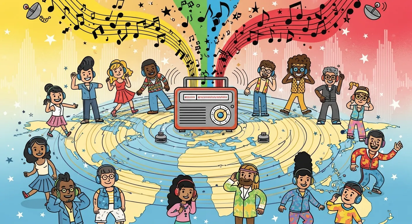 Diverse global listeners connected through laptops and headphones enjoying live web radio streaming together online