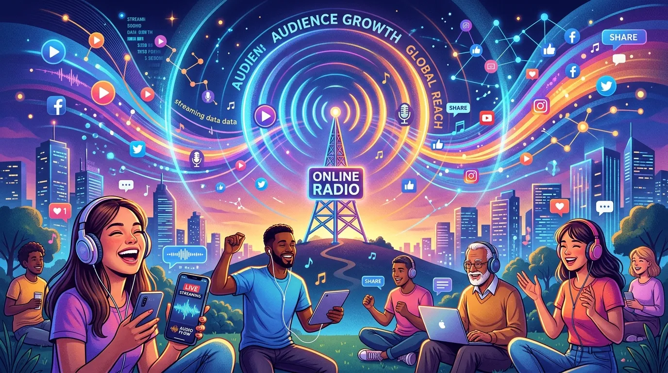 Internet radio host promoting a digital radio station on social media while interacting with online listeners and managing live broadcasts.