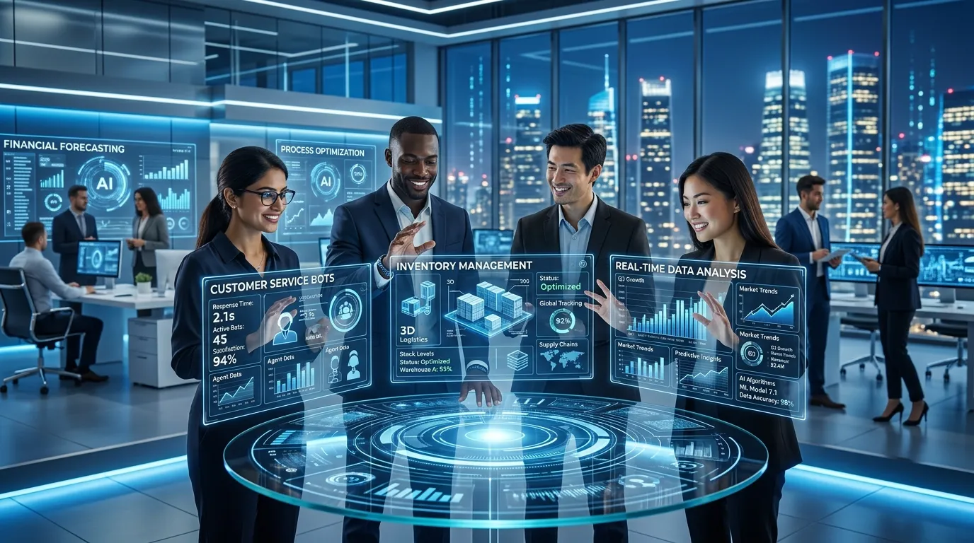 Business professionals monitoring AI-powered automation dashboards with analytics, workflow charts, and automated task management systems.