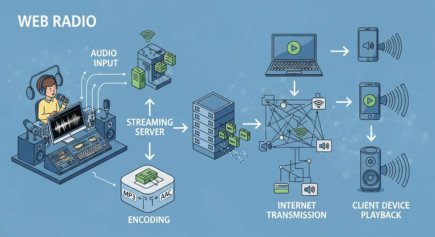 Diagram showing how web radio works including audio capture, encoding, streaming servers, and playback on user devices.