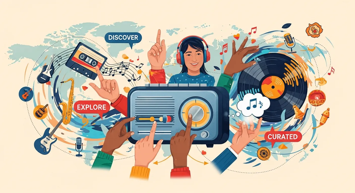 Online radio studio with DJ selecting music tracks while interacting with live streaming software and audience requests