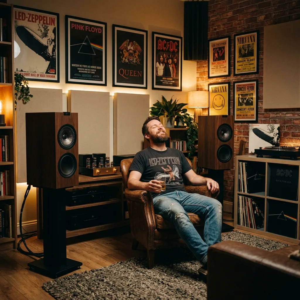 Person listening to classic rock internet radio on headphones using a laptop and smartphone in a cozy room.